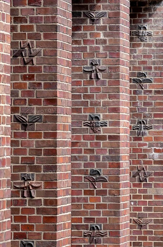 Hamburg, Ohlsdorf cemetery, new crematorium, built 1926-1933 by Fritz Schumacher. Brick decorations on the east side of the mourning hall