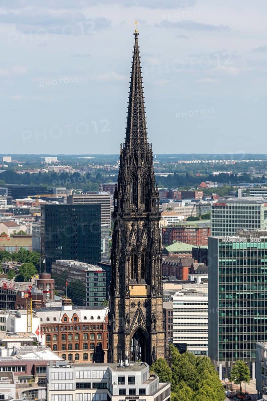Hamburg, Former main church St Nikolai, today a memorial against the bombing war and a memorial, view from the west from the tower of St Michael's Church