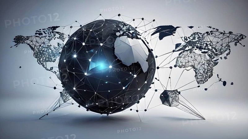 Wireframe mesh net of digital image of sphere Illustration with connected Lines and Dots of. Futuristic internet network background.. AI generated image