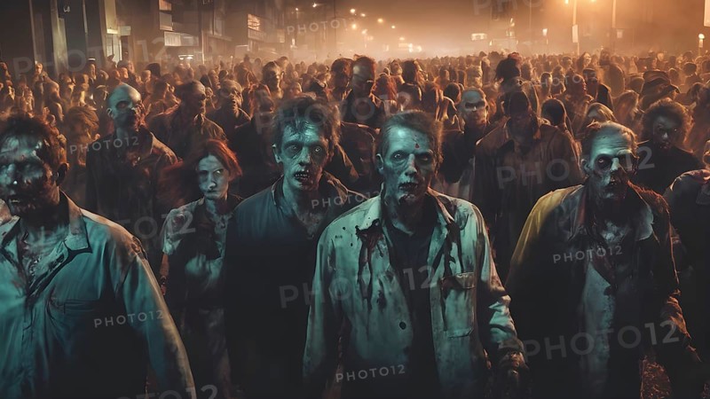 Silhouettes of scary zombies walking at night. AI generated image, ai