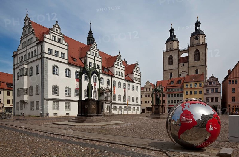 Wittenberg Market Square 79579 Town Hall 16th century by Sebastian Krüger Town Church 14-16th century in front Melanchthon Monument by Johann Heinrich Strack Luther Monument by Gottfried Schadow both 19th century
