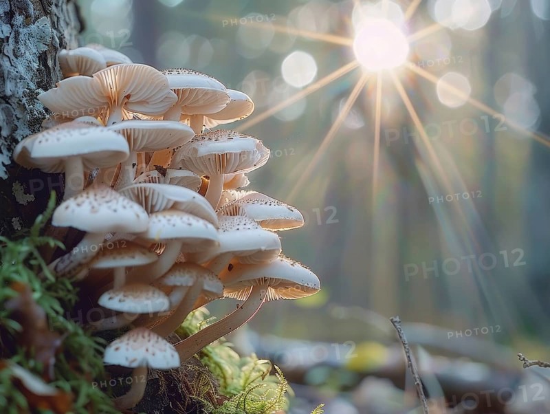 A cluster of small, delicate mushrooms grows on a tree trunk covered in moss. The sunlight filters through the trees, creating a magical atmosphere in the forest setting, AI generated