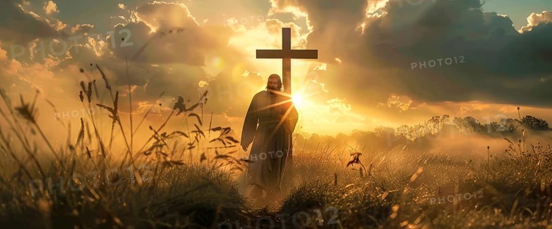 Lord Jesus Christ walking in dramatic sunset in front of the cross, AI generated