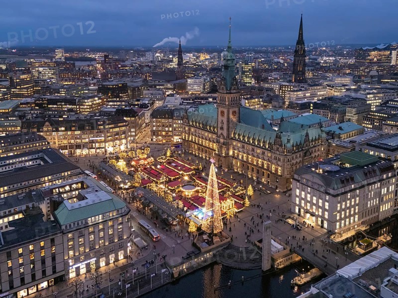 Aerial view of the Christmas market on Rathausplatz at Hamburg City Hall during the blue hour, Hamburg, Germany, Europe