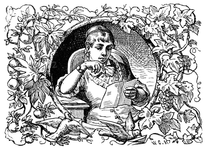 Young woman sitting in an armchair, reading a love letter and holding a pencil, portrait with ornaments, two carrier pigeons, historical illustration 1882