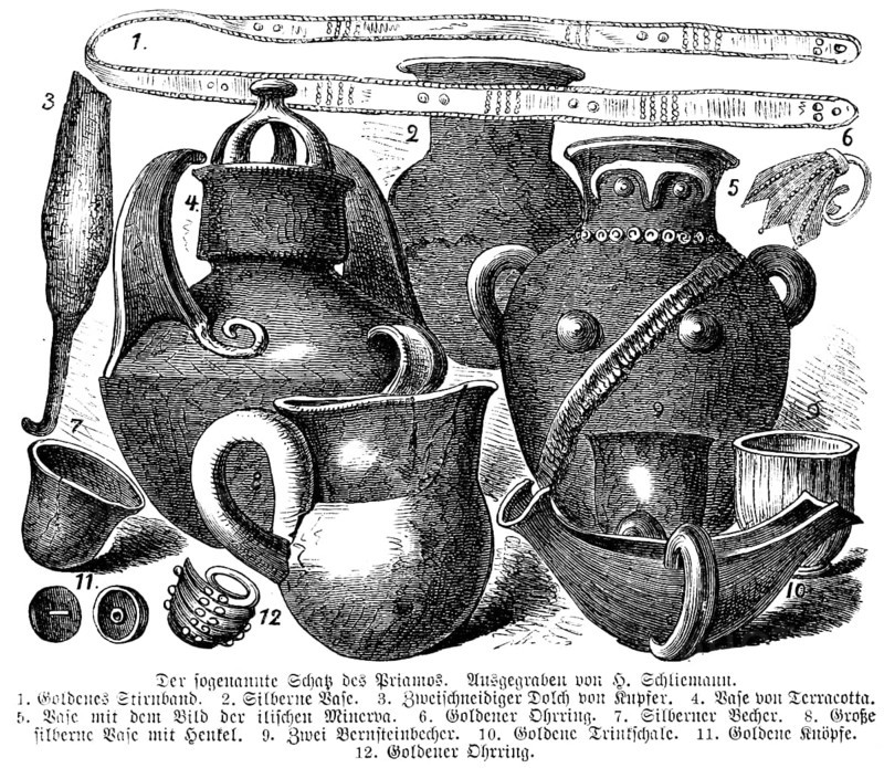 The treasure of Priam from Troy, excavated by Heinrich Schliemann, a find of gold and silver objects, headband, vases, dagger, earring, cup, drinking bowl, buttons, history of mankind, historical illustration 1880