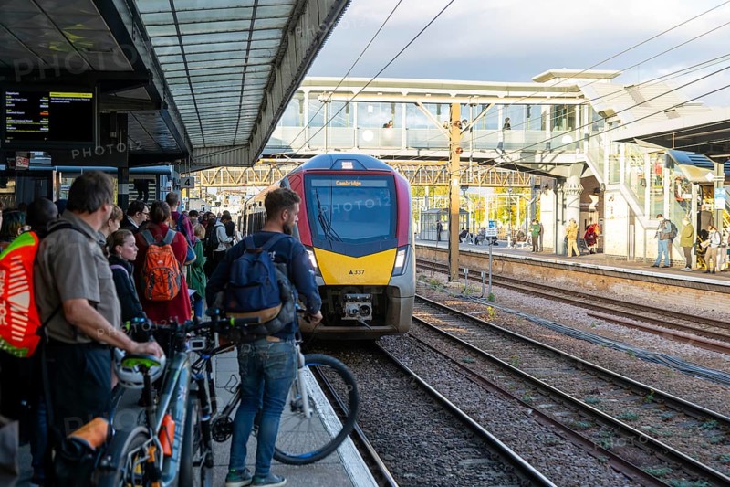 Greater Anglia class 755 FLIRT train arriving at platform, Cambridge, Cambridgeshire, England, UK