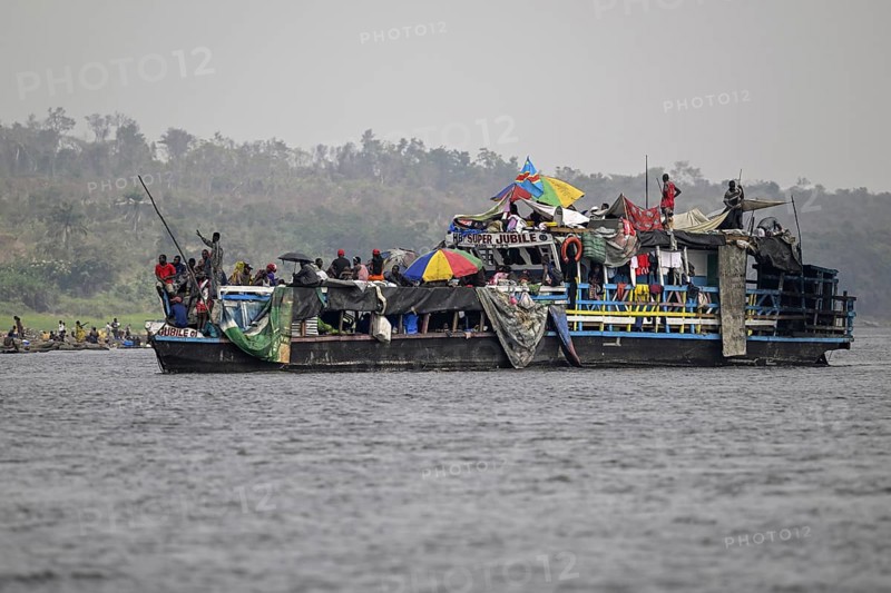 Overloaded ferry on the Congo River, near Tshumbiri, Mai-Ndombe Province, Democratic Republic of the Congo