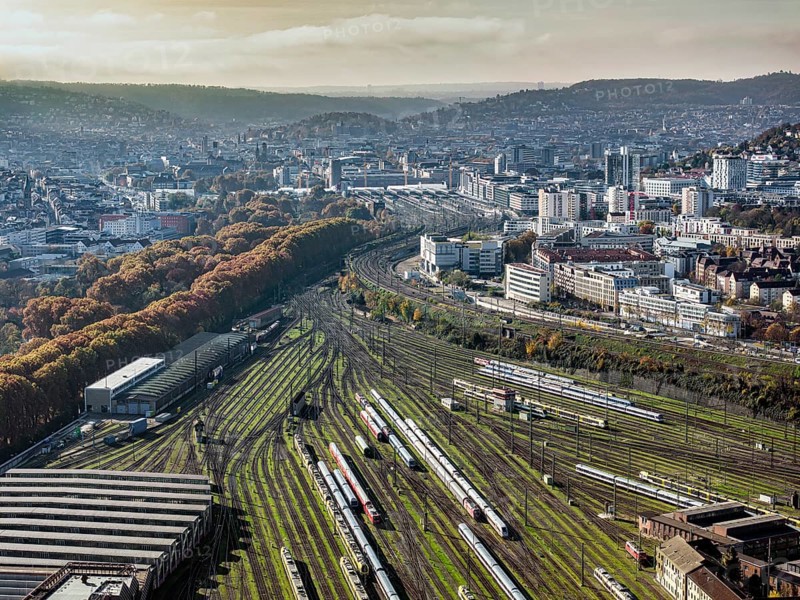 Track apron at the main railway station, Europaviertel Stuttgart. After completion of the Stuttgart 21 project, flats and the new Rosenstein neighbourhood are to be built here. Urban development. Aerial view, panoramic photo. Stuttgart, Baden-Württemberg, Germany, Europe