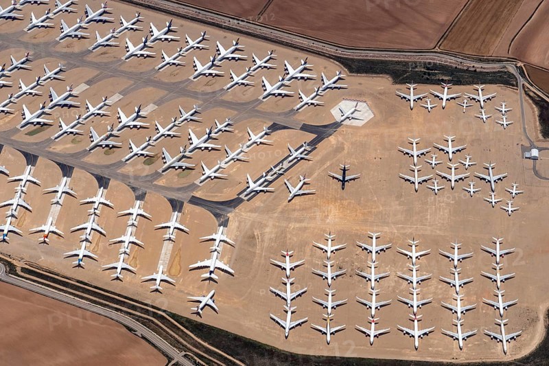 Aerial view of parked commercial aircraft at Teruel Airport in Aragon, parking, storage, scrapping, Airbus, Boeing, Lufthansa, A380, Spain, Europe