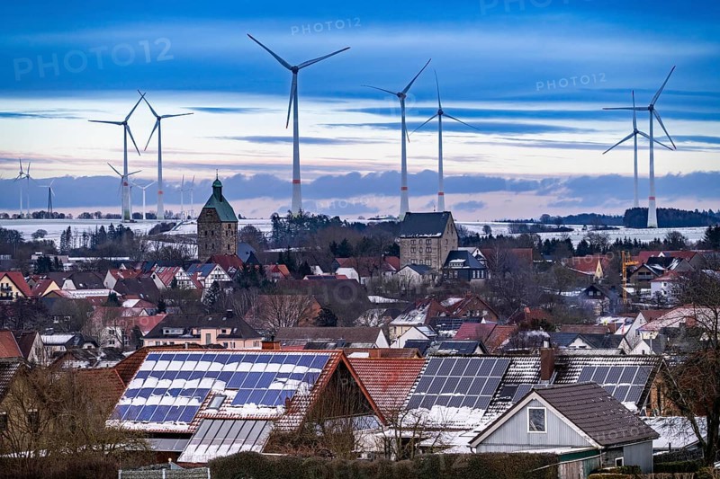 The town of Lichtenau, self-proclaimed energy town, wind farm, over 190 wind turbines and over 1200 solar panels generate 10 times as much electricity as the community of 11, 900 inhabitants consumes, largest onshore cluster of wind turbines in Germany, winter, slightly snow-covered landscape, North Rhine-Westphalia, Germany, Europe