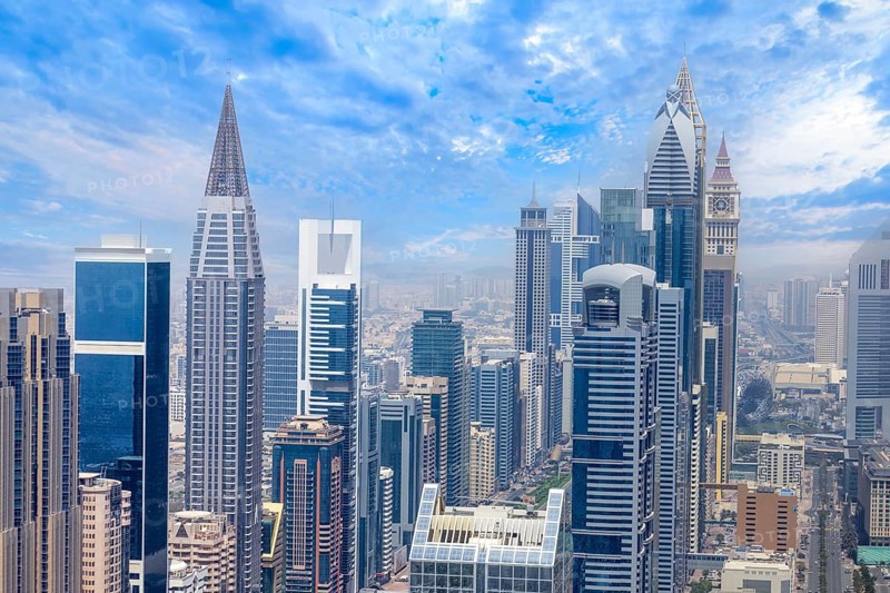 UAE, Dubai panoramic skyline view of city downtown and business district.