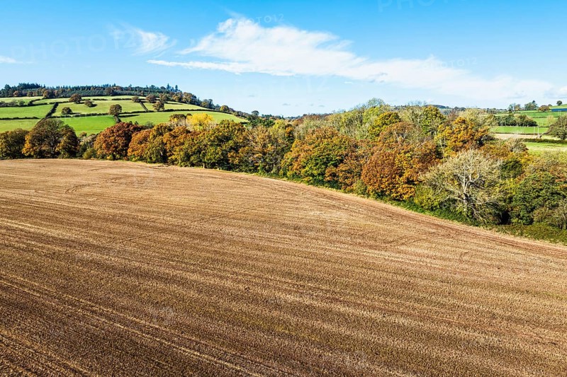 Fields and Farms over River Usk from a drone, Brecon, Brecon Beacons, Powys, Wales, England, United Kingdom, Europe