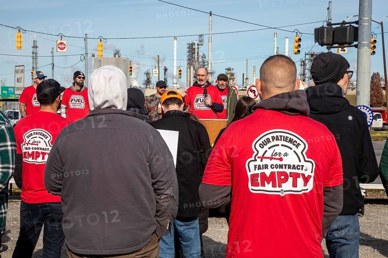 Detroit, Michigan USA, 9 November 2024, United Auto Workers President Shawn Fain speaks as the Teamsters Union is joined by members of the UAW and other unions in a solidarity rally during their strike against the Marathon Petroleum refinery