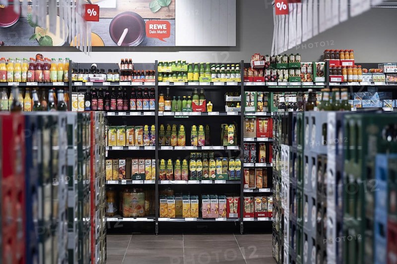 Drinks shelves in a REWE supermarket