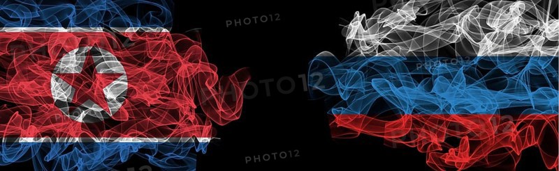 Flags of North Korea and Russia on Black background, North Korea vs Russia Smoke Flags