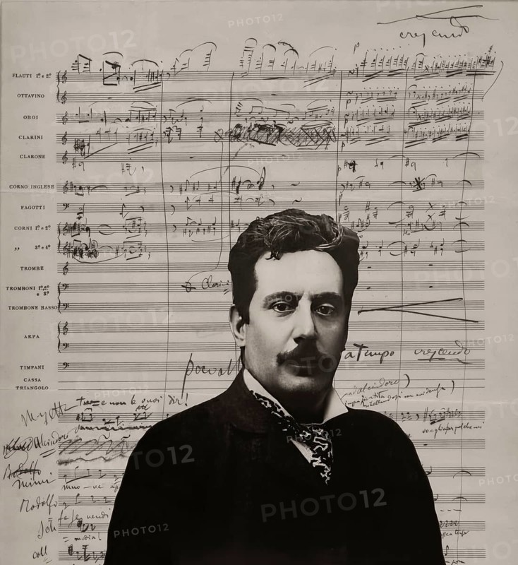 Giacomo Puccini, 1858 –1924, Italian composer, digitally edited according to a photograph, notation from the opera La Bohème, Act II, 1895