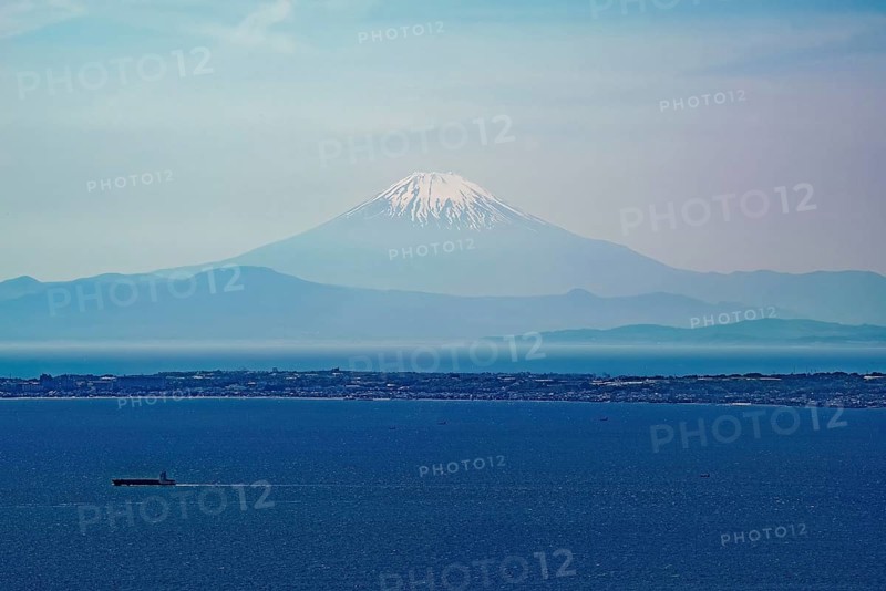 Mount Fuji by the sea, seen from Mount Nokogiri in Chiba, east of Tokyo