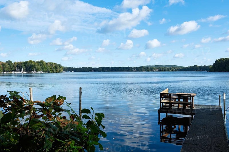 View over the Scharmützelsee with a jetty in the foreground, Bad Saarow, Brandenburg, Germany, Europe