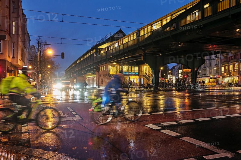 Germany, Berlin, 19.11.2024, Eberswalder Straße underground station, Schönhauser Allee, rainy weather, cyclist, Europe