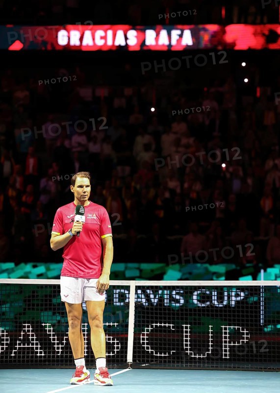 Rafael Nadal (ESP) speaks during a tribute ceremony as he retires from playing professional tennis during the 2024 Davis Cup finals at the Palacio de Deportes José María Martín Carpena, Malaga, Spain, Europe