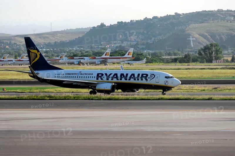 Madrid, Spain, Europe, A Ryanair aircraft is on the runway, ready for take-off, Europe