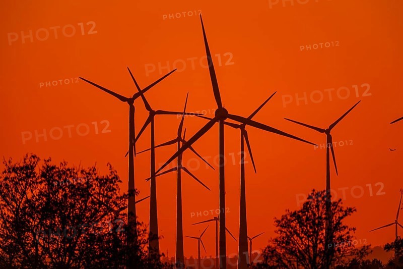 Wind turbines at sunset, Bad Wünnenberg, North Rhine-Westphalia, Germany, Europe