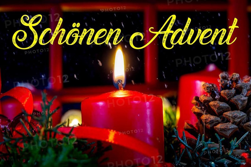 Advent greetings: Advent wreath with the words SCHÖNEN ADVENT in the background