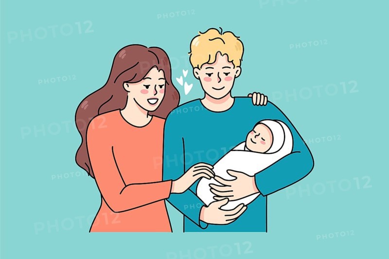 Happy young family with newborn baby enjoy parenthood together. Smiling parents hold in arms infant child show love and care. Fla illustration, cartoon character