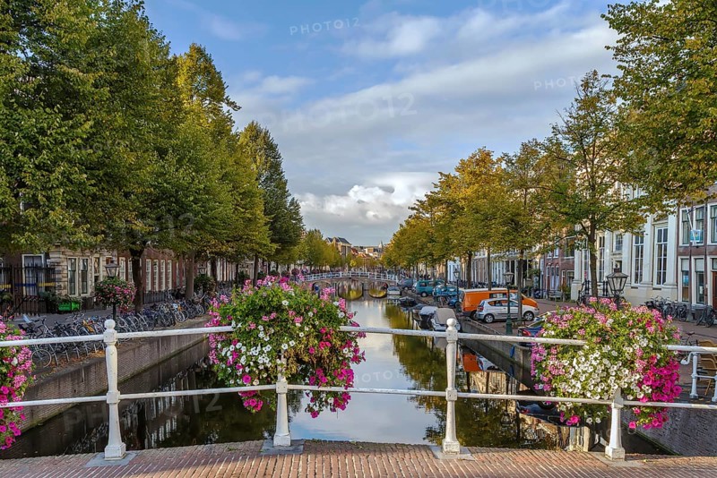 Cityscape of Leiden with channel in city center, Netherlands