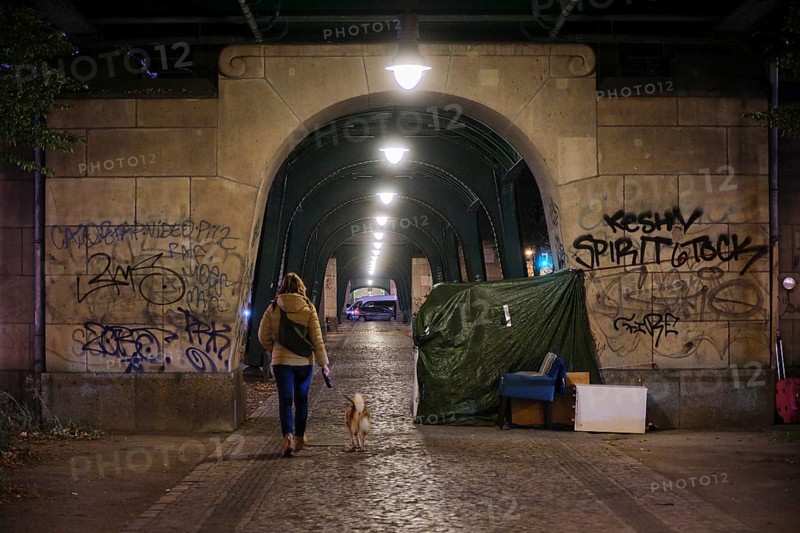 Germany, Berlin, 24.10.2024, homeless camp under the underground viaduct (Magistratsschirm), Schönhauser Allee, makeshift tent, woman with dog, armchair, Europe