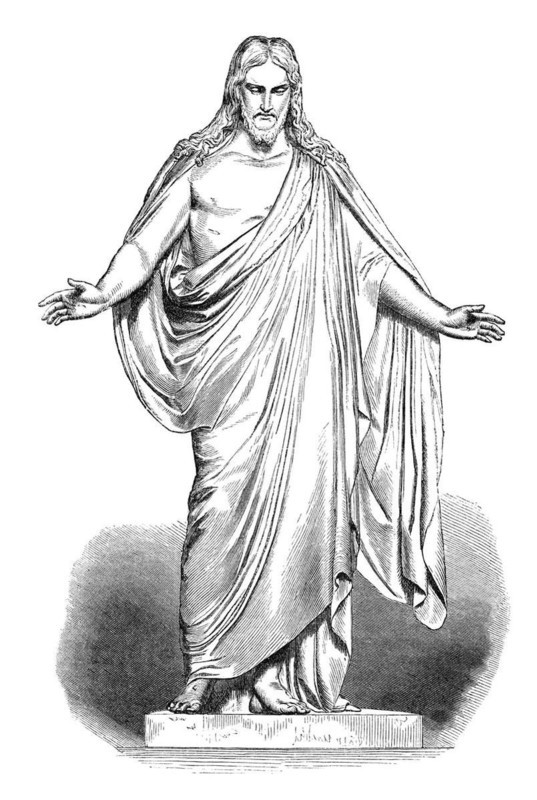 Illustration of Jesus based on Thorvaldsens Christus statue. Image source: Scribners Magazine from 1870. due to its age