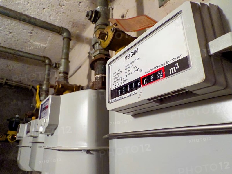 Row of gas meters in a basement in Düsseldorf