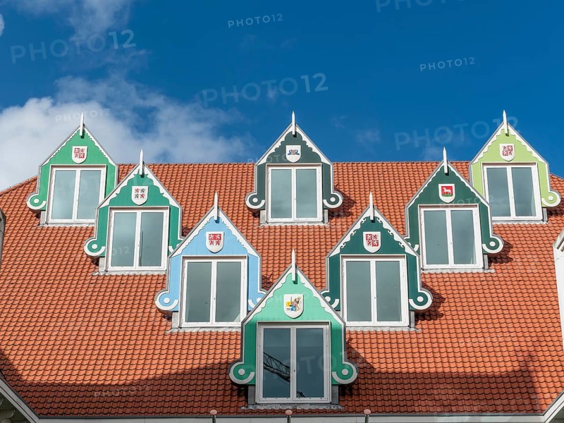 Roof with 7 triangular pointed dormer windows of the town hall (Stadhuis Zaanstad), Zaandam, North Holland, Netherlands
