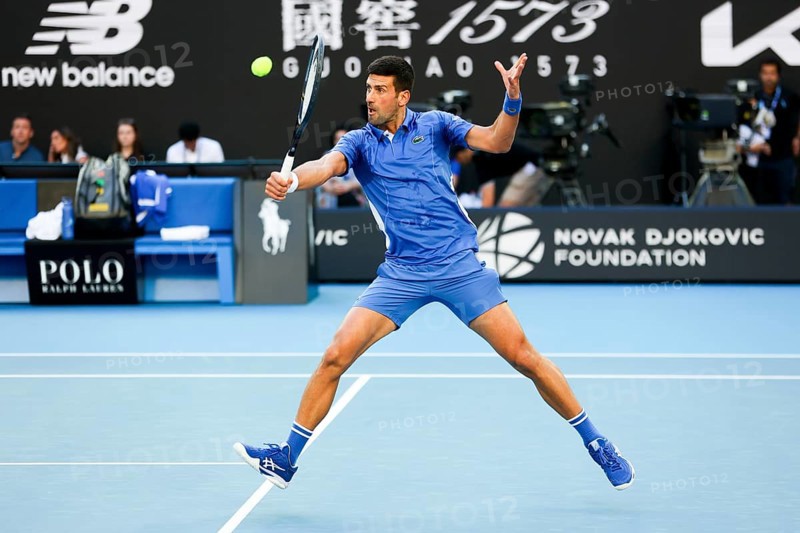 MELBOURNE, AUSTRALIA, JANUARY 11: Novak Djokovic of Serbia plays Stefanos Tsitsipas of Greece during a charity match ahead of the 2024 Australian Open at Melbourne Park on January 11, 2024 in Melbourne, Australia, Oceania