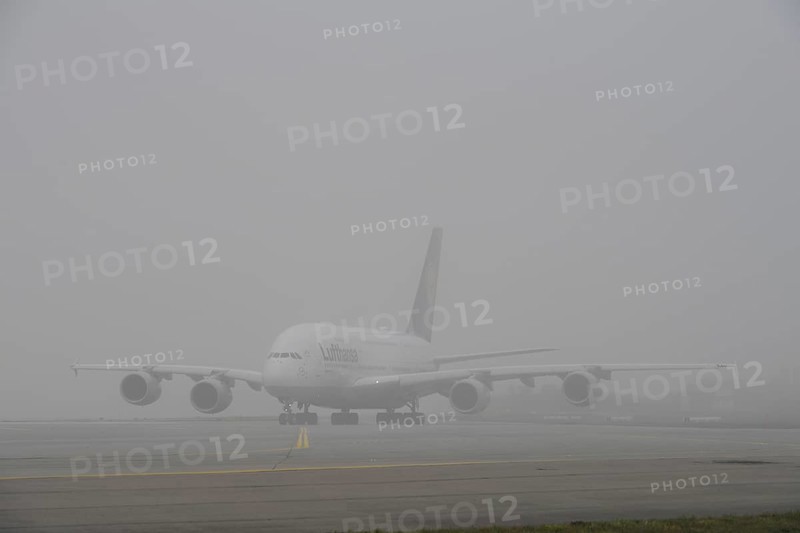 Lufthansa Airbus A380-800 taxiing in the fog, Terminal 2, Munich Airport, Upper Bavaria, Bavaria, Germany, Europe
