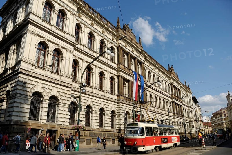 Tram in front of the Academy of Sciences of the Czech Republic, Prague
