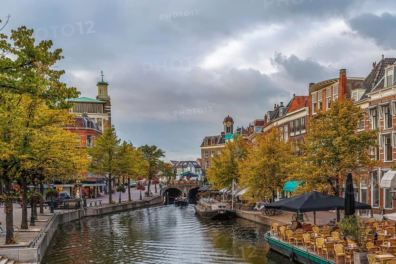 View of New Rhine river in Leiden downtown, Netherlands