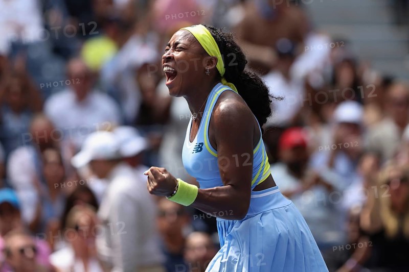 Tennis player Coco Gauff celebrates at the US Open 2024 Championships, Billie Jean King Tennis Center, Queens, New York, USA.