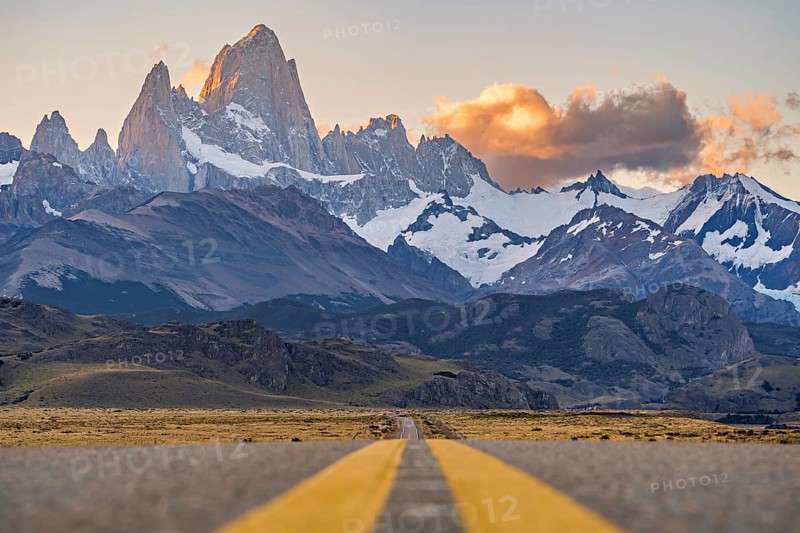 The Ruta Provincial 23 (RP23) road with Mount Fitz Roy in the morning light in Los Glaciares National Park, El Chaltén, Santa Cruz, Argentina, South America