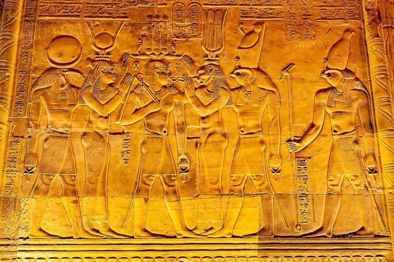 View of Relief and Hieroglyphs on the wall in The Temple of Sobek and Horus at Kom Ombo, Aswan Governorate, Upper Egypt
