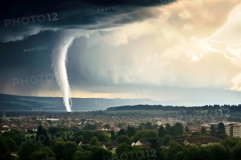 A tornado moves towards a housing estate with great destructive force, tornado, severe weather, climate change, AI generated
