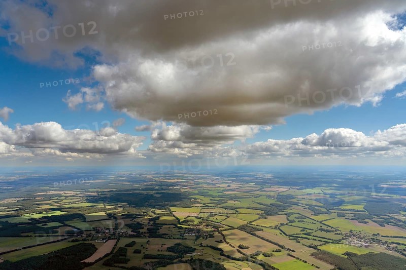 Aerial view of the Mecklenburg-Western Pomerania landscape, cumulus cloud (Kumulus), Wolkenstrasse, Germany, Europe