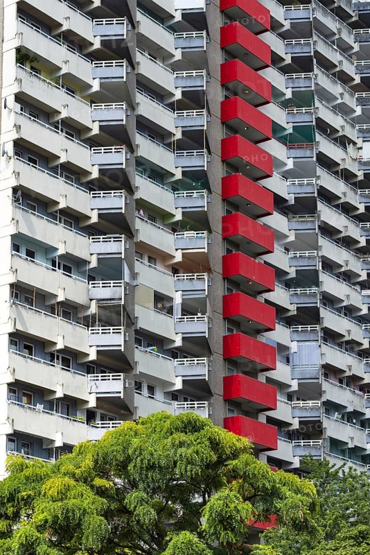 High-rise residential building with balconies and satellite dishes, Trabantenstadt Chorweiler in Cologne, North Rhine-Westphalia, Germany, Europe