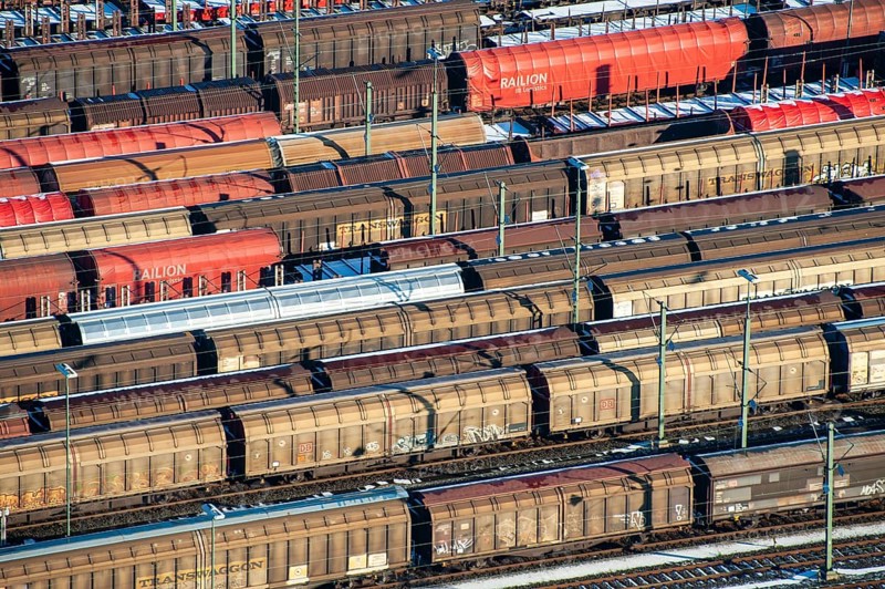 Aerial view Wagon, DB, railway, freight railway, distribute, arrange, logistics, transport, Maschen marshalling yard, Lower Saxony, Germany, Europe