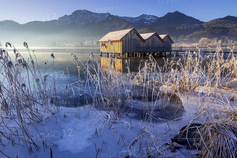 Boat huts, icy shore, lake, morning light, fog, snow, winter, mountains, Lake Kochel, Schlehdorf, behind Herzogstand, Heimgarten, Alpine foothills, Bavaria, Germany, Europe