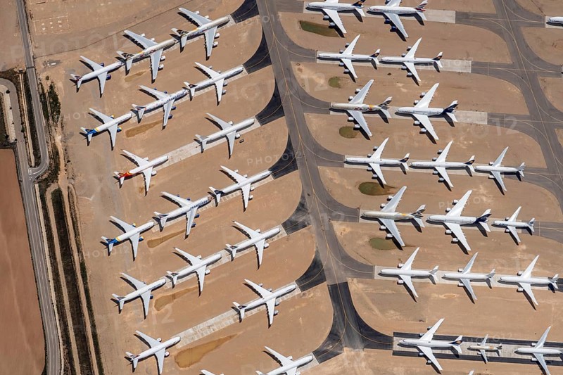 Aerial view of parked commercial aircraft at Teruel Airport in Aragon, parking, storage, scrapping, Airbus, Boeing, Lufthansa, A380, Spain, Europe