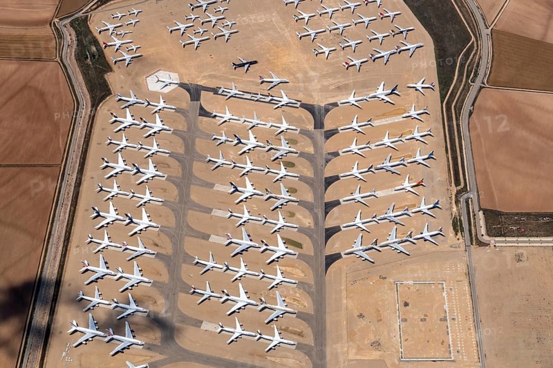 Aerial view of parked commercial aircraft at Teruel Airport in Aragon, parking, storage, scrapping, Airbus, Boeing, Lufthansa, A380, Spain, Europe