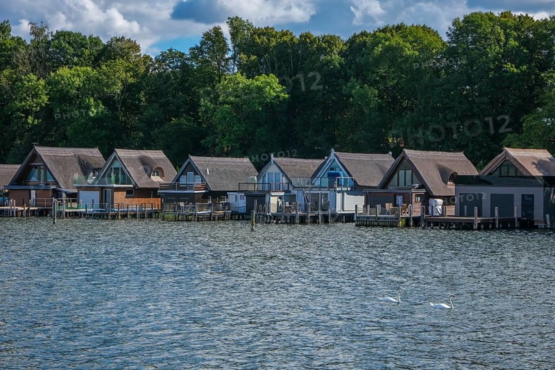Schwerin, Mecklenburg-Vorpommern, Germany, boathouses on the Ziegelsee, in the 1970s some sections of the shore were developed with many boathouses and today the area is increasingly developing into an attractive residential location under the motto Living on the water in the seven-lake landscape in Schwerin, Europe