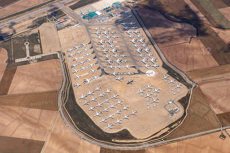 Aerial view of parked commercial aircraft at Teruel Airport in Aragon, parking, storage, scrapping, Airbus, Boeing, Lufthansa, A380, Spain, Europe